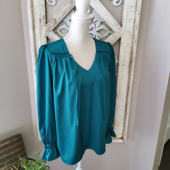 Skyes The Limit Women's Long Sleeve Ruffle Tie V-Neck Blouse in Hunter Green - Picture 1 of 8